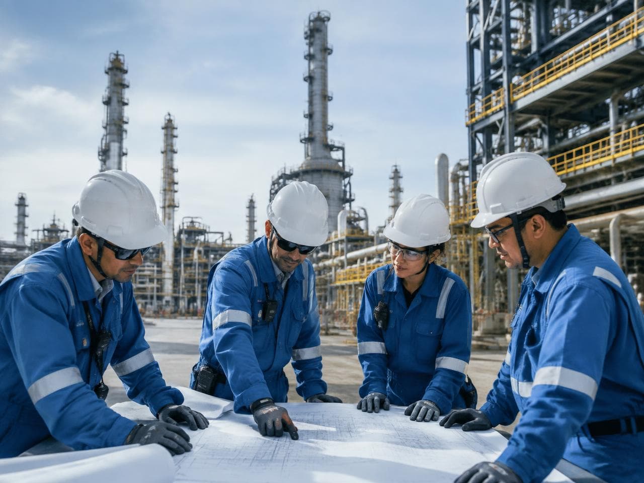 Four WOL engineers in hard hats reviewing drawings on a refinery site
