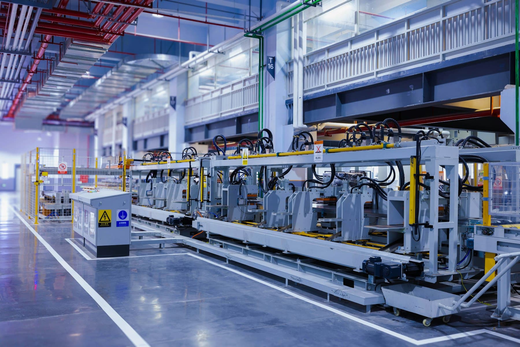 Automated production line in a bright modern manufacturing hall